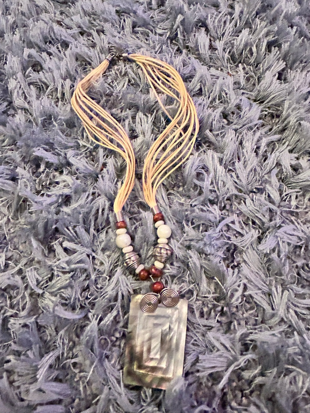 Hand Crafted Vintage Beige & Brown Layered Cord Necklace with Shell Pendant